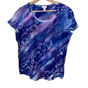 Chico's Tie Dye Rhinestone Purple Blue Scoop Neck Short Sleeve Tee Sz 2 (Large)